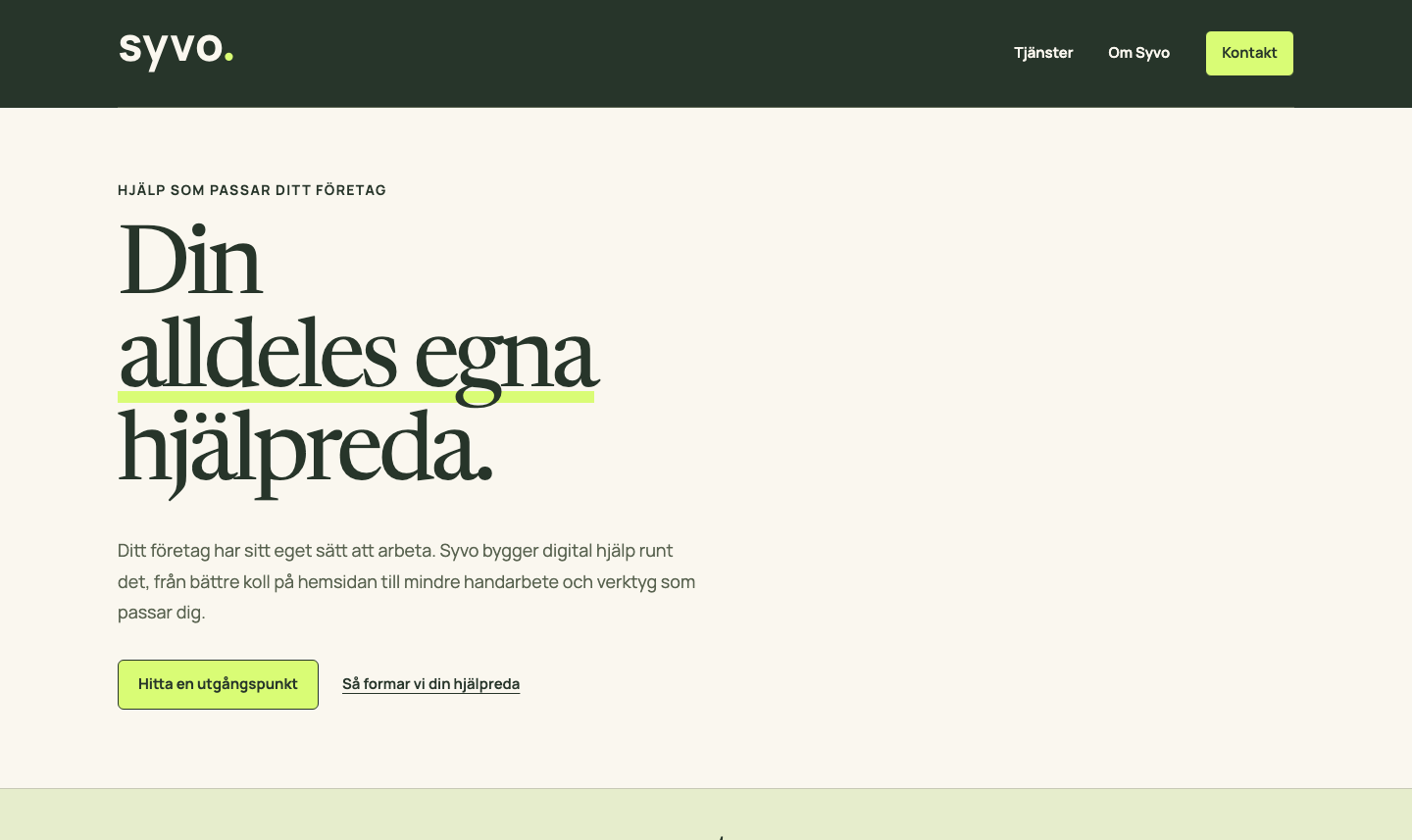 Syvos hemsida med mörk olivgrön header och rubriken Din alldeles egna hjälpreda.
